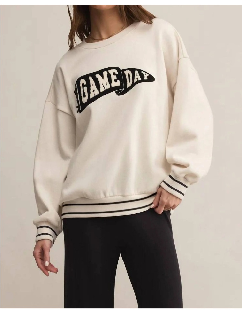 Z Supply Cream Sweatshirt with Navy Game Day Appliqué